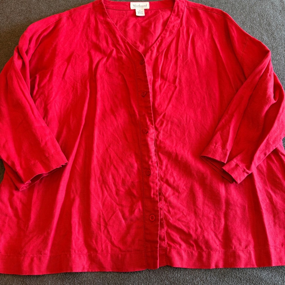 Westbound Womens XL Red 100% Linen V-Neck Button Down 3/4 Sleeve Shirt Top